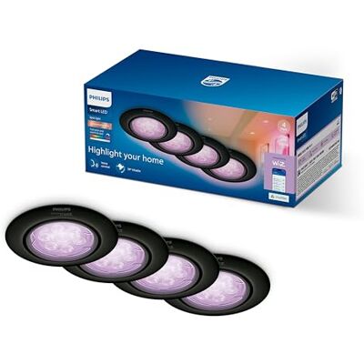 Philips Smart Lighting Kit Bombillas GU10, Pack de 4, Luz Blanca Ajustable y de Color, Solución Total, Cabezal Inclinable, Control por App y Voz, Negro Philips Smart Lighting Kit Bombillas GU10, Pack de 4, Luz Blanca Ajustable y de Color, Solución Total, Cabezal Inclinable, Control por App y Voz, Negro