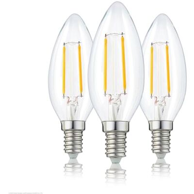 Hellum Bombilla LED en forma de vela E14, 3 unidades, luz blanca cálida Bombilla LED (250 lúmenes, 2700 K, E14, bombilla de vela C35, filamento LED interior y exterior) Hellum Bombilla LED en forma de vela E14, 3 unidades, luz blanca cálida Bombilla LED (250 lúmenes, 2700 K, E14, bombilla de vela C35, filamento LED interior y exterior)