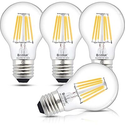 Bonlux Bombilla LED E27 de 12V, Blanco Cálido 2700K, A60, Bombilla LED Vintage, 6W, 650lm, Filamento Edison E27 Equivalente a 75W, para salón, 4 unidades Bonlux Bombilla LED E27 de 12V, Blanco Cálido 2700K, A60, Bombilla LED Vintage, 6W, 650lm, Filamento Edison E27 Equivalente a 75W, para salón, 4 unidades