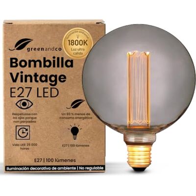 greenandco Bombilla LED E27 luz calida Vintage G125 4W 100lm, gris Bombilla decorativa 1800K, Bombilla Vintage, ángulo de haz 320°, 230V, sin parpadeos, no regulable greenandco Bombilla LED E27 luz calida Vintage G125 4W 100lm, gris Bombilla decorativa 1800K, Bombilla Vintage, ángulo de haz 320°, 230V, sin parpadeos, no regulable