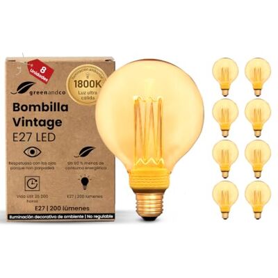 greenandco 8x Bombillas LED E27 luz calida Vintage G95 4W 200lm, doradas Bombillas decorativas 1800K, Bombillas Vintage, ángulo de haz 320°, 230V, sin parpadeos, no regulables greenandco 8x Bombillas LED E27 luz calida Vintage G95 4W 200lm, doradas Bombillas decorativas 1800K, Bombillas Vintage, ángulo de haz 320°, 230V, sin parpadeos, no regulables