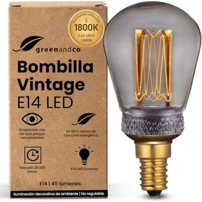 greenandco Bombilla E14 LED Vintage luz calida ST45 2W 45lm, gris Bombilla decorativa 1800K, Bombilla Vintage, ángulo de haz 320°, 230V, sin parpadeos, no regulable greenandco Bombilla E14 LED Vintage luz calida ST45 2W 45lm, gris Bombilla decorativa 1800K, Bombilla Vintage, ángulo de haz 320°, 230V, sin parpadeos, no regulable