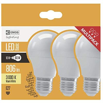 EMOS a +, bombilla led A60, Blanco cálido, 3 unidades, cristal, 10 W, E27, transparente, 19 x 6,2 x 11,5 cm EMOS a +, bombilla led A60, Blanco cálido, 3 unidades, cristal, 10 W, E27, transparente, 19 x 6,2 x 11,5 cm