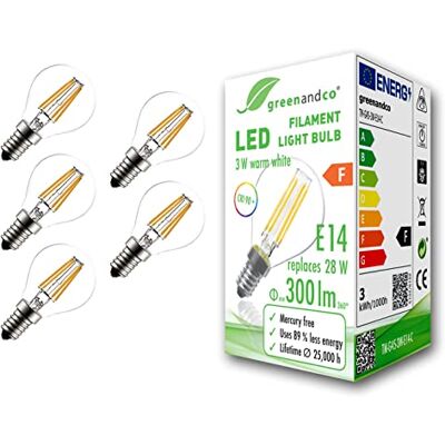 greenandco 5x Bombilla de filamento LED IRC 90+ E14 G45 3W (corresponde a 28W) 300lm 2700K (blanco cálido) 360° 230V AC vidrio, sin parpadeo, no regulable greenandco 5x Bombilla de filamento LED IRC 90+ E14 G45 3W (corresponde a 28W) 300lm 2700K (blanco cálido) 360° 230V AC vidrio, sin parpadeo, no regulable