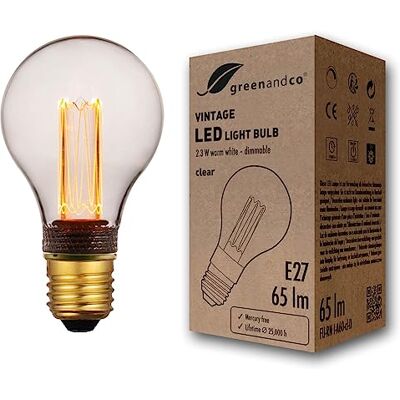 greenandco Bombilla Vintage E27 LED regulable A60 2,3W 65lm, clara Bombilla decorativa 1800K, Bombilla calida, ángulo de haz 320°, 230V, sin parpadeos greenandco Bombilla Vintage E27 LED regulable A60 2,3W 65lm, clara Bombilla decorativa 1800K, Bombilla calida, ángulo de haz 320°, 230V, sin parpadeos