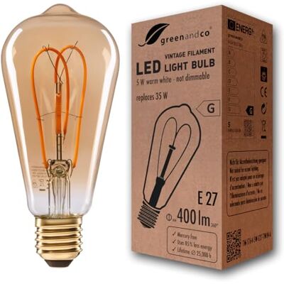 greenandco Bombilla LED E27 luz calida Vintage ST64 5W 400lm, dorado Bombilla decorativa Vintage 2000K, ángulo de haz 360°, 230V, sin parpadeo, no regulable, bombilla de filamento greenandco Bombilla LED E27 luz calida Vintage ST64 5W 400lm, dorado Bombilla decorativa Vintage 2000K, ángulo de haz 360°, 230V, sin parpadeo, no regulable, bombilla de filamento