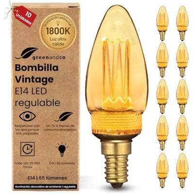 greenandco 10x Bombillas E14 LED Vintage regulables C35 2,3W 65lm, doradas Bombillas decorativas 1800K, Bombillas calidas, ángulo de haz 320°, 230V, sin parpadeos greenandco 10x Bombillas E14 LED Vintage regulables C35 2,3W 65lm, doradas Bombillas decorativas 1800K, Bombillas calidas, ángulo de haz 320°, 230V, sin parpadeos