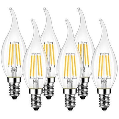 LVWIT Bombillas LED E14 Vela (Casquillo Fino) Bombilla Vintege 4W equivalente a 40W, 470 Lúmenes, Color Blanco Cálido 2700K- Pack de 6. LVWIT Bombillas LED E14 Vela (Casquillo Fino) Bombilla Vintege 4W equivalente a 40W, 470 Lúmenes, Color Blanco Cálido 2700K- Pack de 6.