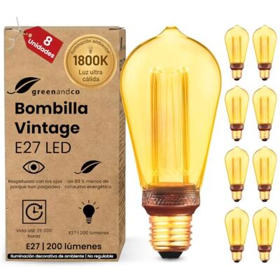 greenandco 8x Bombillas LED E27 luz calida Vintage ST64 4W 200lm, doradas Bombillas decorativas 1800K, Bombillas Vintage, ángulo de haz 320°, 230V, sin parpadeos, no regulables greenandco 8x Bombillas LED E27 luz calida Vintage ST64 4W 200lm, doradas Bombillas decorativas 1800K, Bombillas Vintage, ángulo de haz 320°, 230V, sin parpadeos, no regulables