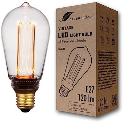 greenandco Bombilla Vintage E27 LED regulable ST64 3,5W 120lm, clara Bombilla decorativa 1800K, Bombilla calida, ángulo de haz 320°, 230V, sin parpadeos greenandco Bombilla Vintage E27 LED regulable ST64 3,5W 120lm, clara Bombilla decorativa 1800K, Bombilla calida, ángulo de haz 320°, 230V, sin parpadeos