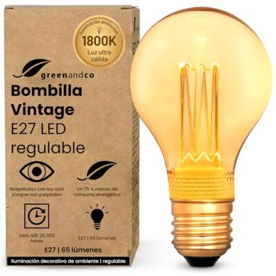 greenandco Bombilla Vintage E27 LED regulable A60 2,3W 65lm, dorada Bombilla decorativa 1800K, Bombilla calida, ángulo de haz 320°, 230V, sin parpadeos greenandco Bombilla Vintage E27 LED regulable A60 2,3W 65lm, dorada Bombilla decorativa 1800K, Bombilla calida, ángulo de haz 320°, 230V, sin parpadeos