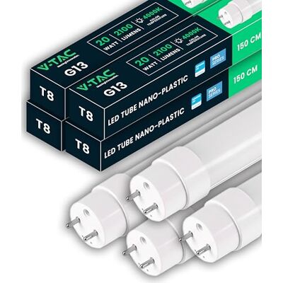 V-TAC 4x Tubos LED 150 CM T8 G13-20W 2100 Lúmenes Chip Samsung Tubo LED para Techo, Pared, Garaje, Tienda Tubo LED forma T8 Sustitución de neón Luz 4000K Blanco Natural V-TAC 4x Tubos LED 150 CM T8 G13-20W 2100 Lúmenes Chip Samsung Tubo LED para Techo, Pared, Garaje, Tienda Tubo LED forma T8 Sustitución de neón Luz 4000K Blanco Natural