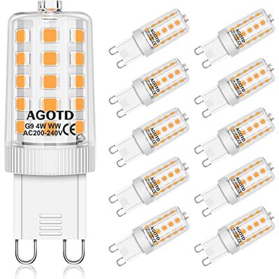 AGOTD Bombillas LED G9 4W Equivale 40W Halógena, 2700K Blanco Cálido 400LM, 360 Grados, AC200-240V, No Regulable, Pack de 10 AGOTD Bombillas LED G9 4W Equivale 40W Halógena, 2700K Blanco Cálido 400LM, 360 Grados, AC200-240V, No Regulable, Pack de 10