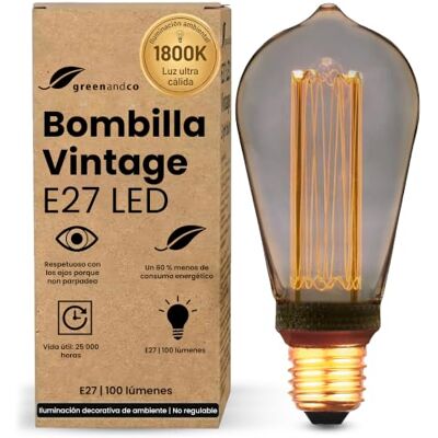 greenandco Bombilla LED E27 luz calida Vintage ST64 4W 100lm, gris Bombilla decorativa 1800K, Bombilla Vintage, ángulo de haz 320°, 230V, sin parpadeos, no regulable greenandco Bombilla LED E27 luz calida Vintage ST64 4W 100lm, gris Bombilla decorativa 1800K, Bombilla Vintage, ángulo de haz 320°, 230V, sin parpadeos, no regulable