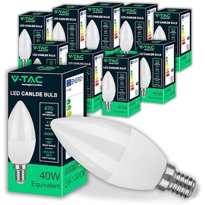V-TAC 10x Bombillas LED Vela E14-4,5W (Equivalente a 40W) 470 Lumen Apertura del Haz de Luz 180° Bombilla Máxima Eficiencia y Bajo Consumo 3000K Blanco Cálido V-TAC 10x Bombillas LED Vela E14-4,5W (Equivalente a 40W) 470 Lumen Apertura del Haz de Luz 180° Bombilla Máxima Eficiencia y Bajo Consumo 3000K Blanco Cálido
