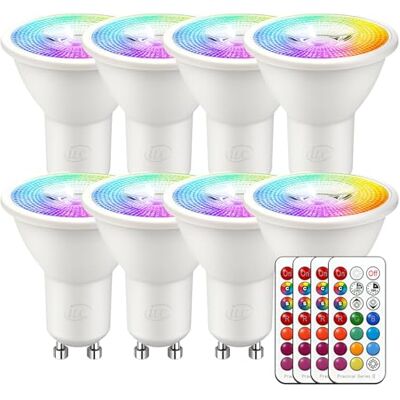 iLC Bombilla LED Foco GU10 Colores RGBW Bombillas spot Cambio de Color Regulable Blanco Cálido 2700k Casquillo RGB 12 Colore Control remoto Incluido Equivalente de 40 Watt (Pack de 8) iLC Bombilla LED Foco GU10 Colores RGBW Bombillas spot Cambio de Color Regulable Blanco Cálido 2700k Casquillo RGB 12 Colore Control remoto Incluido Equivalente de 40 Watt (Pack de 8)