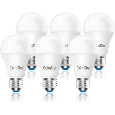 EXTRASTAR 6pc bombillas LED A60, 10 vatios (Eq. 80W), casquillo E27, Luz Blanca Fría 6500K, 950Lm, No regulable EXTRASTAR 6pc bombillas LED A60, 10 vatios (Eq. 80W), casquillo E27, Luz Blanca Fría 6500K, 950Lm, No regulable