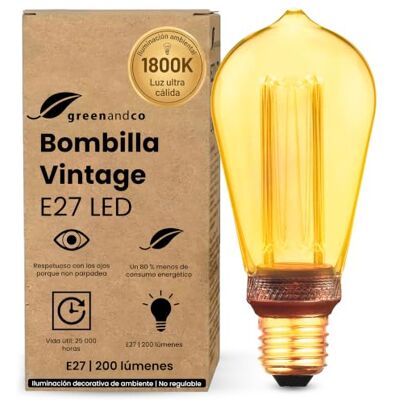 greenandco Bombilla LED E27 luz calida Vintage ST64 4W 200lm, dorada Bombilla decorativa 1800K, Bombilla Vintage, ángulo de haz 320°, 230V, sin parpadeos, no regulable greenandco Bombilla LED E27 luz calida Vintage ST64 4W 200lm, dorada Bombilla decorativa 1800K, Bombilla Vintage, ángulo de haz 320°, 230V, sin parpadeos, no regulable