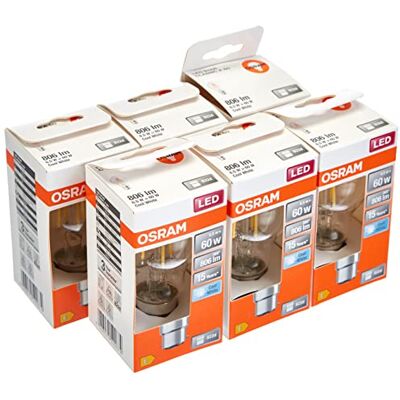 OSRAM Lámpara LED Star de filamento claro, casquillo B22d, blanco frío (4000K), forma de bombilla, juego de recambio para bombillas convencionales de 60W, paquete de 6 OSRAM Lámpara LED Star de filamento claro, casquillo B22d, blanco frío (4000K), forma de bombilla, juego de recambio para bombillas convencionales de 60W, paquete de 6