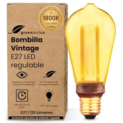 greenandco Bombilla Vintage E27 LED regulable ST64 3,5W 120lm, dorada Bombilla decorativa 1800K, Bombilla calida, ángulo de haz 320°, 230V, sin parpadeos greenandco Bombilla Vintage E27 LED regulable ST64 3,5W 120lm, dorada Bombilla decorativa 1800K, Bombilla calida, ángulo de haz 320°, 230V, sin parpadeos