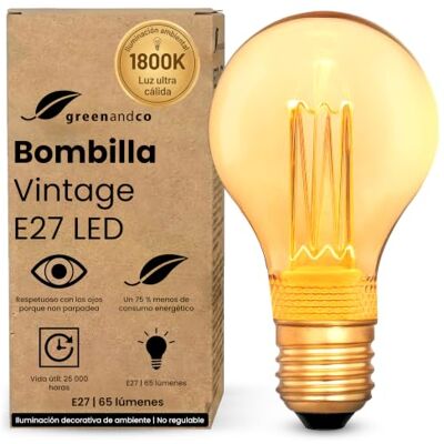 greenandco Bombilla LED E27 luz calida Vintage A60 2W 65lm, dorada Bombilla decorativa 1800K, Bombilla Vintage, ángulo de haz 320°, 230V, sin parpadeos, no regulable greenandco Bombilla LED E27 luz calida Vintage A60 2W 65lm, dorada Bombilla decorativa 1800K, Bombilla Vintage, ángulo de haz 320°, 230V, sin parpadeos, no regulable