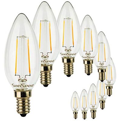 SUNSEED 10x Bombilla Vela Filamento LED E14 2W = 25W Blanco Cálido 2700K SUNSEED 10x Bombilla Vela Filamento LED E14 2W = 25W Blanco Cálido 2700K