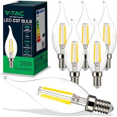 V-TAC 6x Bombillas LED Vela Filamento E14-4W (Equivalente a 35W) 400 Lumen Bombilla Vintage Retro Máxima Eficiencia y Ahorro Energético Luz Blanco Cálido 3000K V-TAC 6x Bombillas LED Vela Filamento E14-4W (Equivalente a 35W) 400 Lumen Bombilla Vintage Retro Máxima Eficiencia y Ahorro Energético Luz Blanco Cálido 3000K