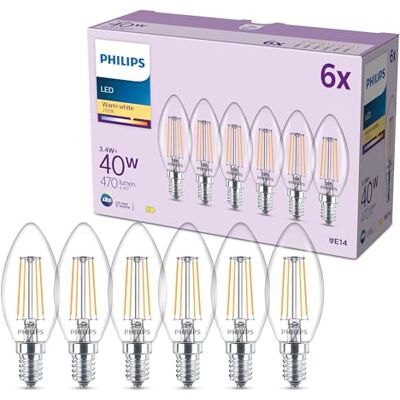 Philips Bombilla LED, Paquete de 6, B35, E14, 470 Lúmenes, 40 W, Diseño Tipo Vela, Larga Duración, Luz Blanca Cálida 2700 K, Bombilla Transparente Philips Bombilla LED, Paquete de 6, B35, E14, 470 Lúmenes, 40 W, Diseño Tipo Vela, Larga Duración, Luz Blanca Cálida 2700 K, Bombilla Transparente