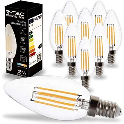 V-TAC 10x Bombillas LED e14 Filamento 4W (Equivalente a 35W) 400 Lumen Bombilla Máxima Eficiencia y Ahorro Energético Luz Blanco Cálido 3000K V-TAC 10x Bombillas LED e14 Filamento 4W (Equivalente a 35W) 400 Lumen Bombilla Máxima Eficiencia y Ahorro Energético Luz Blanco Cálido 3000K