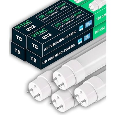 V-TAC 4x Tubos LED 150 CM T8 G13-20W 2100 Lúmenes Chip Samsung Tubo LED para Techo, Pared, garaje, Tienda Tubo LED forma T8 Sustitución de neón Luz 6500K Blanco Frío V-TAC 4x Tubos LED 150 CM T8 G13-20W 2100 Lúmenes Chip Samsung Tubo LED para Techo, Pared, garaje, Tienda Tubo LED forma T8 Sustitución de neón Luz 6500K Blanco Frío