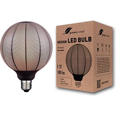 greenandco ® LED bombilla decorativa regulable estilo vintage negro (hojas) E27 G125 4W 100lm 1800K (blanco muy cálido) 300° 230V, sin parpadeo greenandco ® LED bombilla decorativa regulable estilo vintage negro (hojas) E27 G125 4W 100lm 1800K (blanco muy cálido) 300° 230V, sin parpadeo