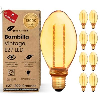 greenandco 8x Bombillas LED E27 luz calida Vintage B75 4W 200lm, doradas Bombillas decorativas 1800K, Bombillas Vintage, ángulo de haz 320°, 230V, sin parpadeos, no regulables greenandco 8x Bombillas LED E27 luz calida Vintage B75 4W 200lm, doradas Bombillas decorativas 1800K, Bombillas Vintage, ángulo de haz 320°, 230V, sin parpadeos, no regulables