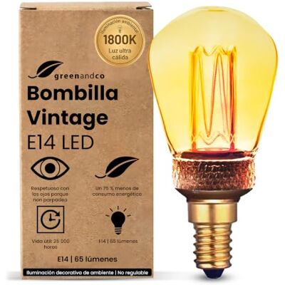 greenandco Bombilla E14 LED Vintage luz calida ST45 2W 65lm, dorada Bombilla decorativa 1800K, Bombilla Vintage, ángulo de haz 320°, 230V, sin parpadeos, no regulable greenandco Bombilla E14 LED Vintage luz calida ST45 2W 65lm, dorada Bombilla decorativa 1800K, Bombilla Vintage, ángulo de haz 320°, 230V, sin parpadeos, no regulable