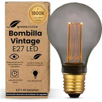 greenandco Bombilla LED E27 luz calida Vintage A60 2W 45lm, gris Bombilla decorativa 1800K, Bombilla Vintage, ángulo de haz 320°, 230V, sin parpadeos, no regulable greenandco Bombilla LED E27 luz calida Vintage A60 2W 45lm, gris Bombilla decorativa 1800K, Bombilla Vintage, ángulo de haz 320°, 230V, sin parpadeos, no regulable