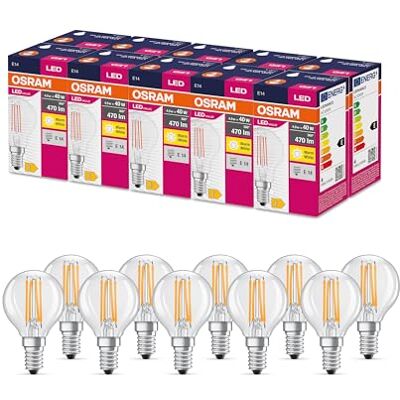 OSRAM Valor de estrella LED de Lámpara LED clásica P40 para base E14, forma de caída, FIL, 470 lúmenes, blanco cálido (2700k), reemplazo de bombillas de 40W convencionales, 10 paquetes de 10 OSRAM Valor de estrella LED de Lámpara LED clásica P40 para base E14, forma de caída, FIL, 470 lúmenes, blanco cálido (2700k), reemplazo de bombillas de 40W convencionales, 10 paquetes de 10