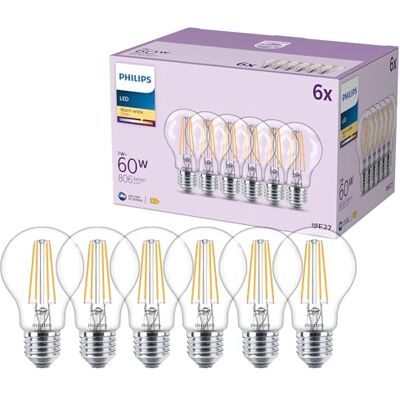 Philips Bombilla LED Classic A60, 60 W, incolora, casquillo E27, blanco cálido 2700 K, paquete de 6 Philips Bombilla LED Classic A60, 60 W, incolora, casquillo E27, blanco cálido 2700 K, paquete de 6