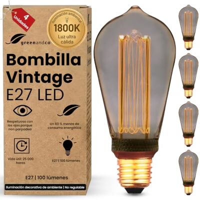 greenandco 4x Bombillas LED E27 luz calida Vintage ST64 4W 100lm, grises Bombillas decorativas 1800K, Bombillas Vintage, ángulo de haz 320°, 230V, sin parpadeos, no regulables greenandco 4x Bombillas LED E27 luz calida Vintage ST64 4W 100lm, grises Bombillas decorativas 1800K, Bombillas Vintage, ángulo de haz 320°, 230V, sin parpadeos, no regulables