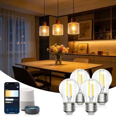 Aigostar Bombilla Inteligente Alexa, Bombilla Led E27 Vintage, G45 Transparente Tipo Globo, 4.5W, 470LM, Regulable Cálida a Fría 2700K a 6500K, Compatible con Alexa y Google home, 4 Unidads Aigostar Bombilla Inteligente Alexa, Bombilla Led E27 Vintage, G45 Transparente Tipo Globo, 4.5W, 470LM, Regulable Cálida a Fría 2700K a 6500K, Compatible con Alexa y Google home, 4 Unidads