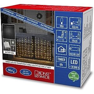 Konstsmide Cortina de luces LED con temporizador de 6 h y multifunción, 96 diodos de color ámbar, funciona con pilas, exterior (IP44), cable transparente, 4 pilas AA de 1,5 V (no incluidas) Konstsmide Cortina de luces LED con temporizador de 6 h y multifunción, 96 diodos de color ámbar, funciona con pilas, exterior (IP44), cable transparente, 4 pilas AA de 1,5 V (no incluidas)
