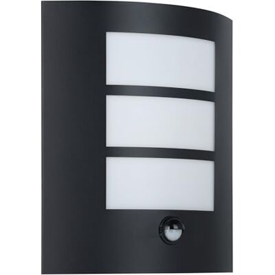 Eglo Lámpara de pared de exterior Cerno, lámpara de exterior con detector de movimiento, sensor crepuscular, lámpara de pared de acero galvanizado en negro, vidrio satinado en blanco, E27, IP44 Eglo Lámpara de pared de exterior Cerno, lámpara de exterior con detector de movimiento, sensor crepuscular, lámpara de pared de acero galvanizado en negro, vidrio satinado en blanco, E27, IP44