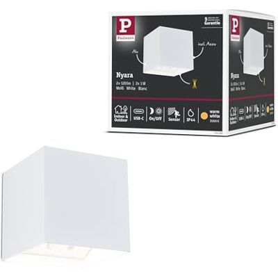 Paulmann Nyara Lámpara LED de pared con batería, incluye detector de movimiento (HF) IP44, 3000 K, 100 x 100 mm, 2 x 1 W/1 W, color blanco Paulmann Nyara Lámpara LED de pared con batería, incluye detector de movimiento (HF) IP44, 3000 K, 100 x 100 mm, 2 x 1 W/1 W, color blanco