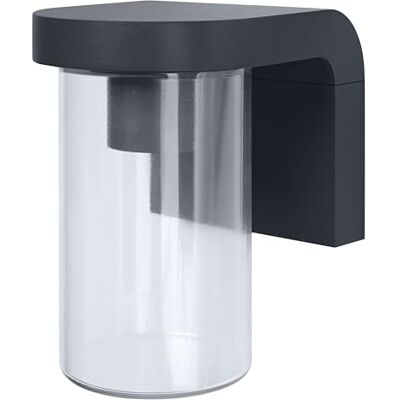 OSRAM Aplique de exterior E27 cristal transparente, diseño moderno de aluminio en color gris oscuro, protección IP44, antigolpes IK03, aplique para terraza y balcón OSRAM Aplique de exterior E27 cristal transparente, diseño moderno de aluminio en color gris oscuro, protección IP44, antigolpes IK03, aplique para terraza y balcón