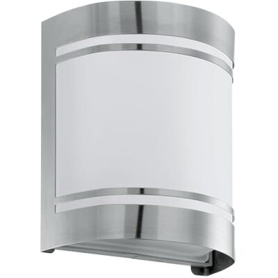 Eglo Lámpara de pared exterior Rosada-E, para fachada, acero inoxidable y vidrio blanco mate, casquillo E27, IP44 Eglo Lámpara de pared exterior Rosada-E, para fachada, acero inoxidable y vidrio blanco mate, casquillo E27, IP44