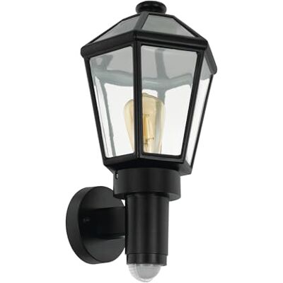 Eglo Lámpara de pared exterior Manerbio, luminaria exterior de 1 luz con sensor de movimiento, aplique de aluminio fundido y vidrio, color negro, casquillo E27, IP44 Eglo Lámpara de pared exterior Manerbio, luminaria exterior de 1 luz con sensor de movimiento, aplique de aluminio fundido y vidrio, color negro, casquillo E27, IP44