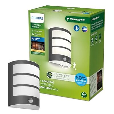 Philips Lighting: Aplique pared Exterior Ultraeficiente Python, 3.8W, 2700K, Antracita, con sensor movimiento, resistente intemperie IP44 Philips Lighting: Aplique pared Exterior Ultraeficiente Python, 3.8W, 2700K, Antracita, con sensor movimiento, resistente intemperie IP44