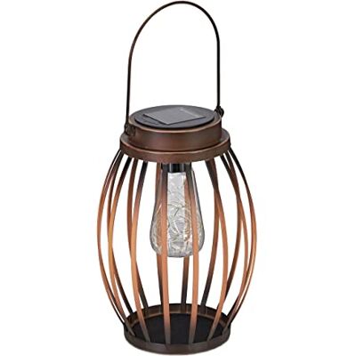 Relaxdays Farolillo Solar para Exterior, Lámpara Mesa Jardín con Guirnalda Led, Metal, Linterna Balcón y Terraza, Marrón, Acero, 25,5 x 18 cm Relaxdays Farolillo Solar para Exterior, Lámpara Mesa Jardín con Guirnalda Led, Metal, Linterna Balcón y Terraza, Marrón, Acero, 25,5 x 18 cm
