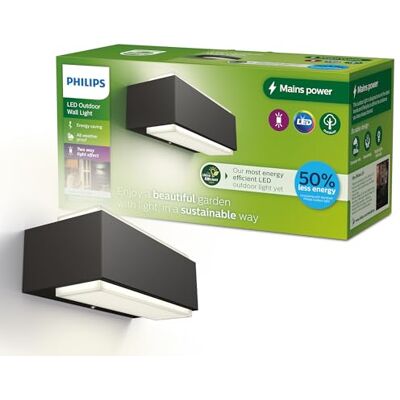 Philips Lighting: Aplique pared Exterior Ultraeficiente Stratosphere, 3.8W 4000K luz blanca neutra, Antracita, resistente intemperie IP44 Philips Lighting: Aplique pared Exterior Ultraeficiente Stratosphere, 3.8W 4000K luz blanca neutra, Antracita, resistente intemperie IP44