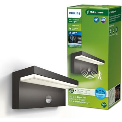 Philips Lighting: Aplique pared Exterior Ultraeficiente Bustan, 3.8W 4000K cool wehite light, Antracita, con sensor movimiento, resistente intemperie IP44 Philips Lighting: Aplique pared Exterior Ultraeficiente Bustan, 3.8W 4000K cool wehite light, Antracita, con sensor movimiento, resistente intemperie IP44