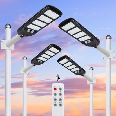 Aigostar 4Uds 200W Farola solar LED exterior con sensor de movimiento, mando a distancia, 2000LM luz blanca. Foco solar LED potentes con temporizador, impermeable protección IP65.No incluye soporte Aigostar 4Uds 200W Farola solar LED exterior con sensor de movimiento, mando a distancia, 2000LM luz blanca. Foco solar LED potentes con temporizador, impermeable protección IP65.No incluye soporte
