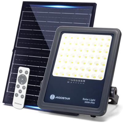 Aigostar Foco proyector LED solar con control remoto,focos solare de 300W, 3000LM,luz blanca fría de 6500K,IP65 impermeable Luz solar exterior,para jardín,terrazas,caminos,garajes,cable de 2M Aigostar Foco proyector LED solar con control remoto,focos solare de 300W, 3000LM,luz blanca fría de 6500K,IP65 impermeable Luz solar exterior,para jardín,terrazas,caminos,garajes,cable de 2M